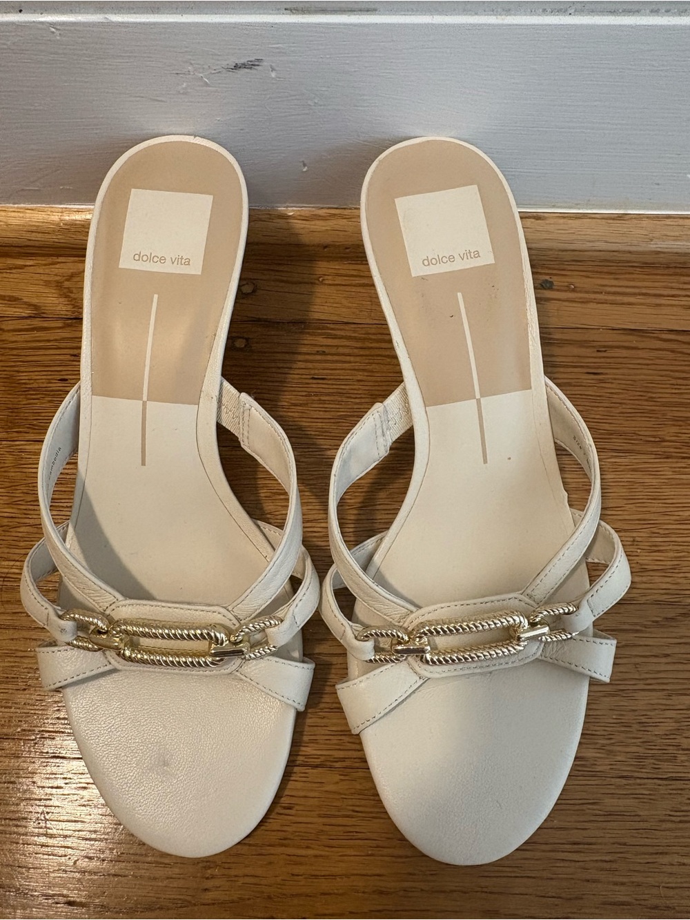Dolce Vita White Slide Mules with Gold Chain Trim